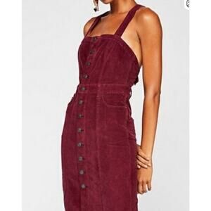 Free People Overall Jumper Dress Corduroy Burgundy Adj Straps Buttons Size 0 EUC